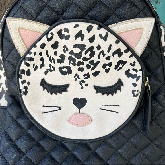 "Luv Betsey" Betsey Johnson Black Cat Mini Backpack Faux Leather Striped Lining - Picture 2 of 11